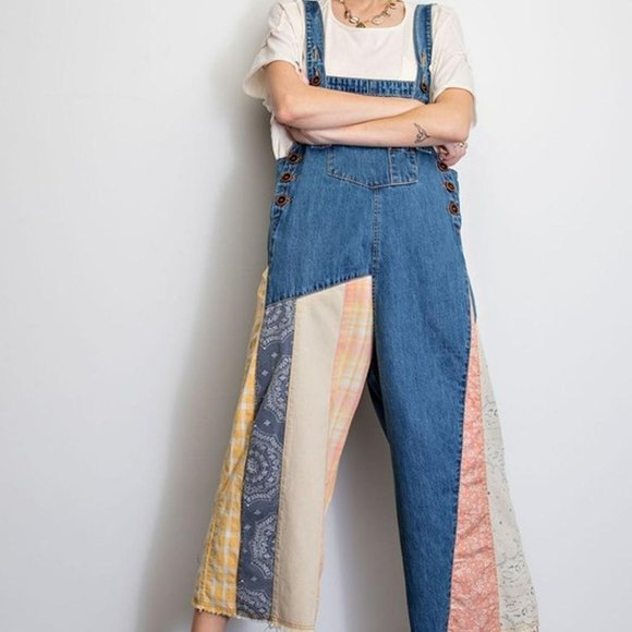 easel Pants & Jumpsuits Easel Cropped Denim Oversized Overalls With